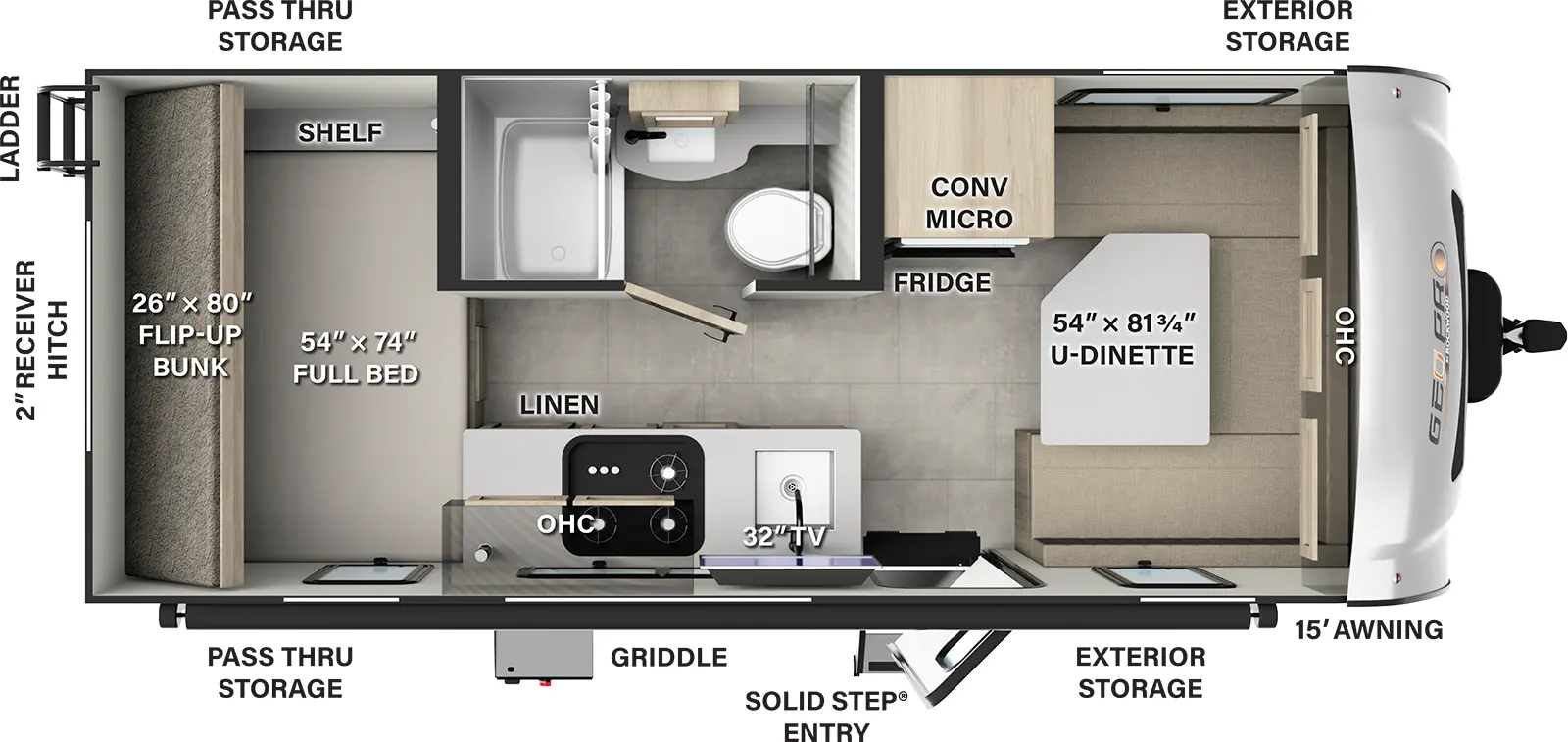 The Rockwood Geo Pro G19DBH has one entry and zero slide outs. Exterior features include: fiberglass exterior and outside kitchen. Interiors features include: bunk beds and u-dinette.